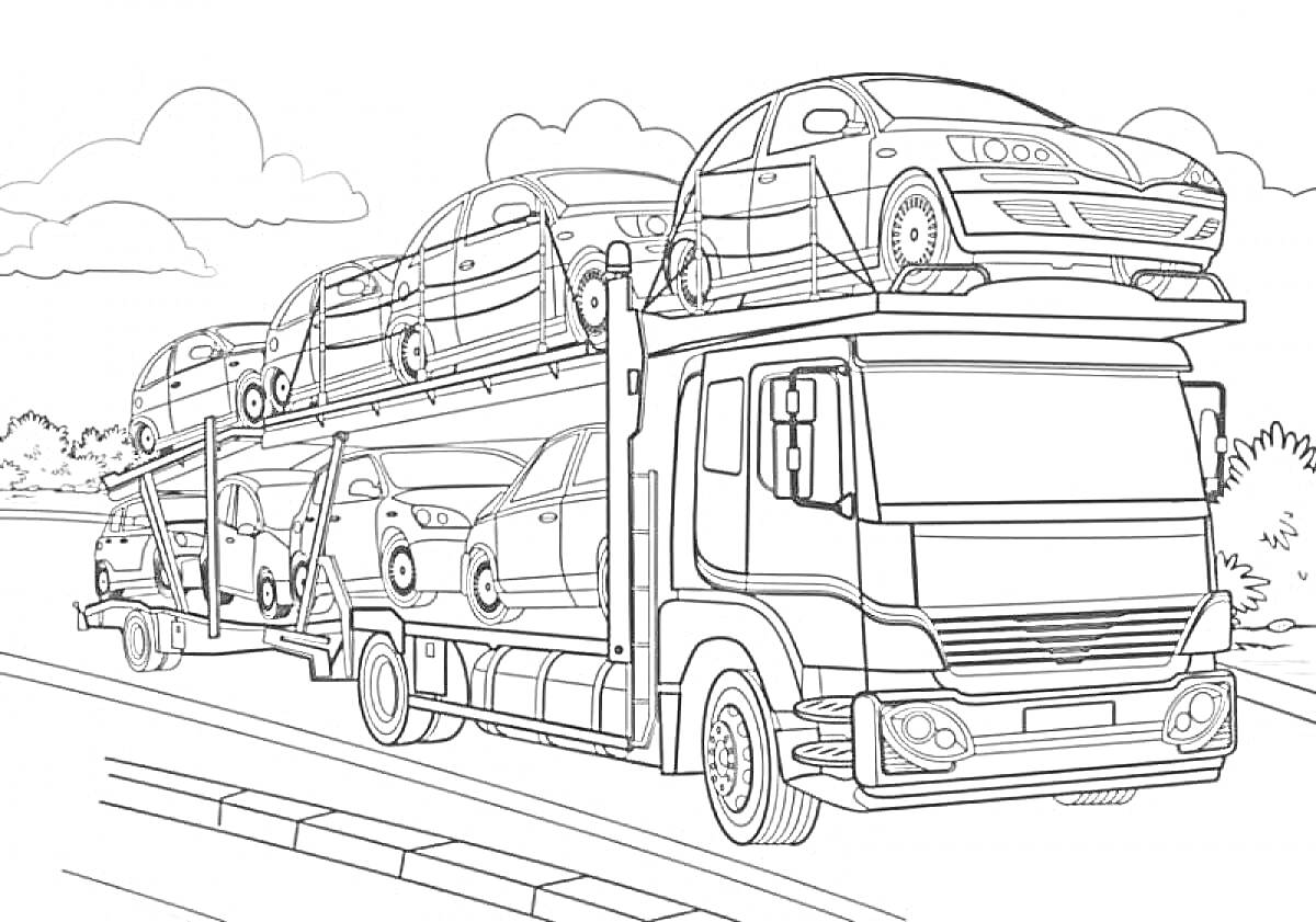 Раскраска Грузовик с автоприцепом, перевозящий легковые автомобили на дороге с деревьями и облаками на заднем плане
