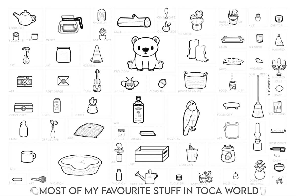 Раскраска Избранные вещи в Toca World — медвежонок, губнушка, свечи, улей, растение, музыкальные инструменты, еда, бутылки, ведра, статуэтки, овощи и фрукты, лампы, чаши, ключи, миски, тапочки, книги, игрушки
