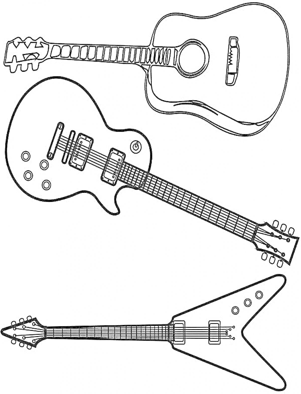Раскраска Три различных электрогитары и акустическая гитара для раскрашивания