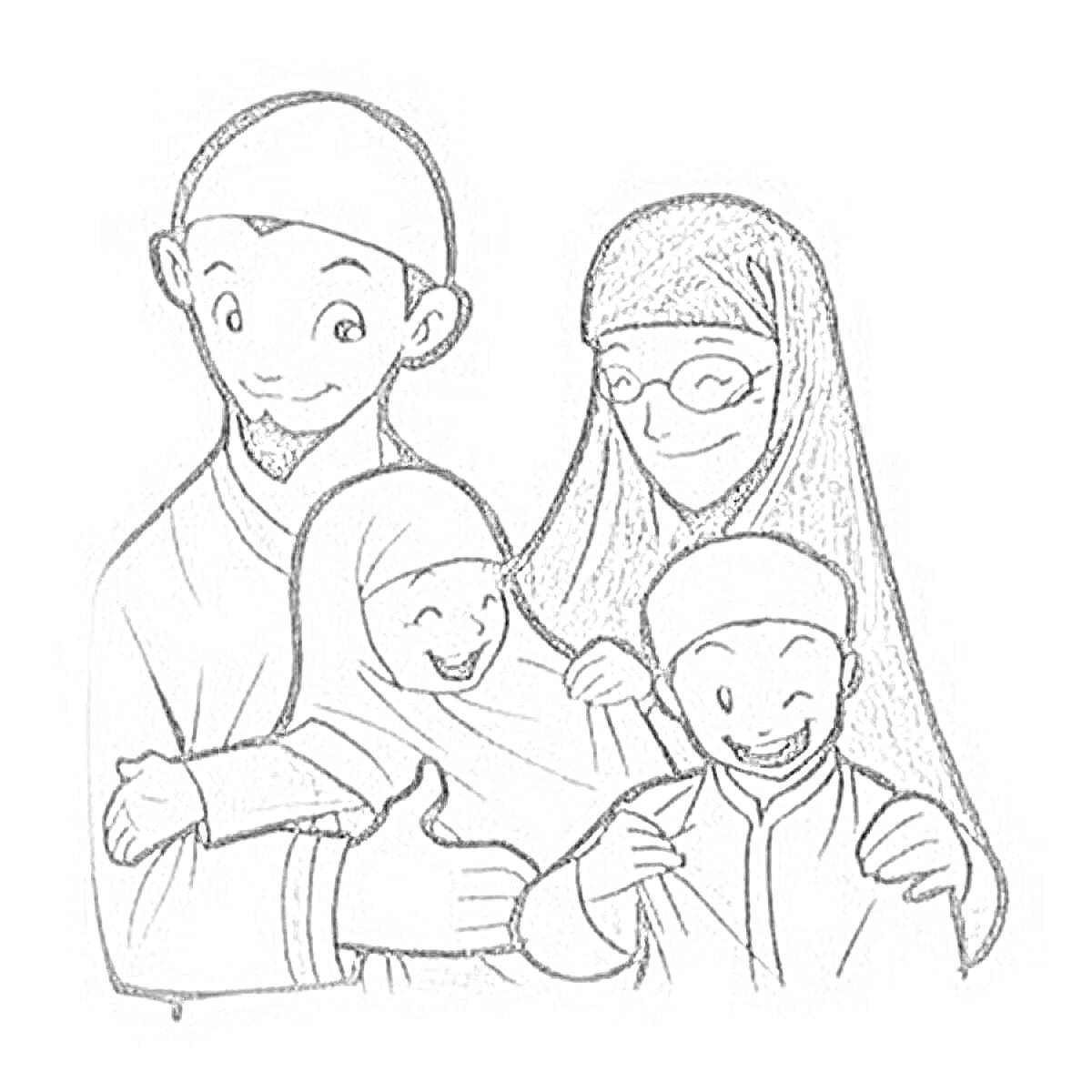 На раскраске изображено: Мусульманская семья, Отец, Счастье, Хиджаб, Семья, Очки
