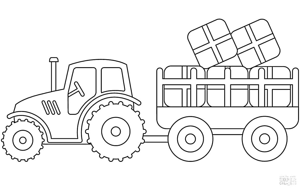 На раскраске изображено: Трактор, Прицеп, Подарки, Транспорт, Ферма, Для детей