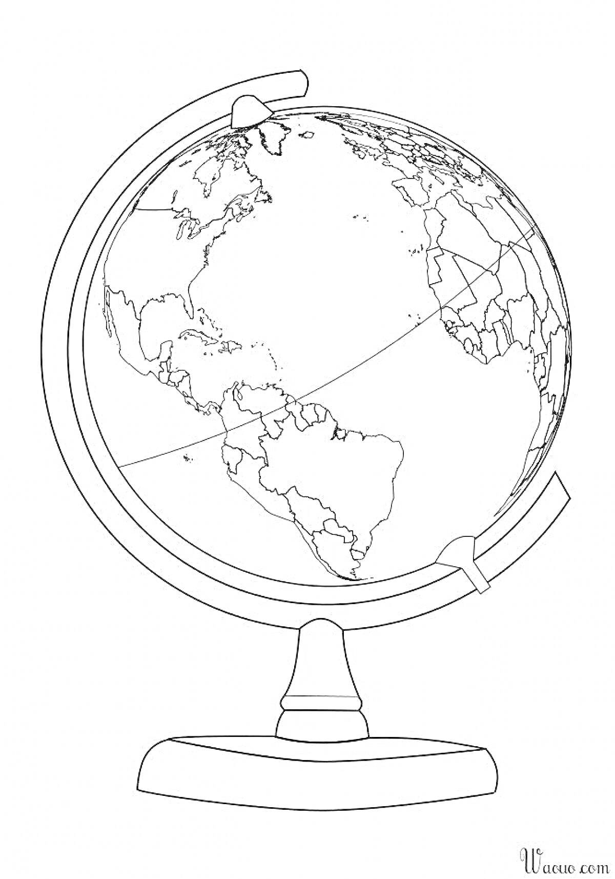 На раскраске изображено: Глобус, Континенты, Океаны, Подставка, География, Карта мира, Школьные принадлежности