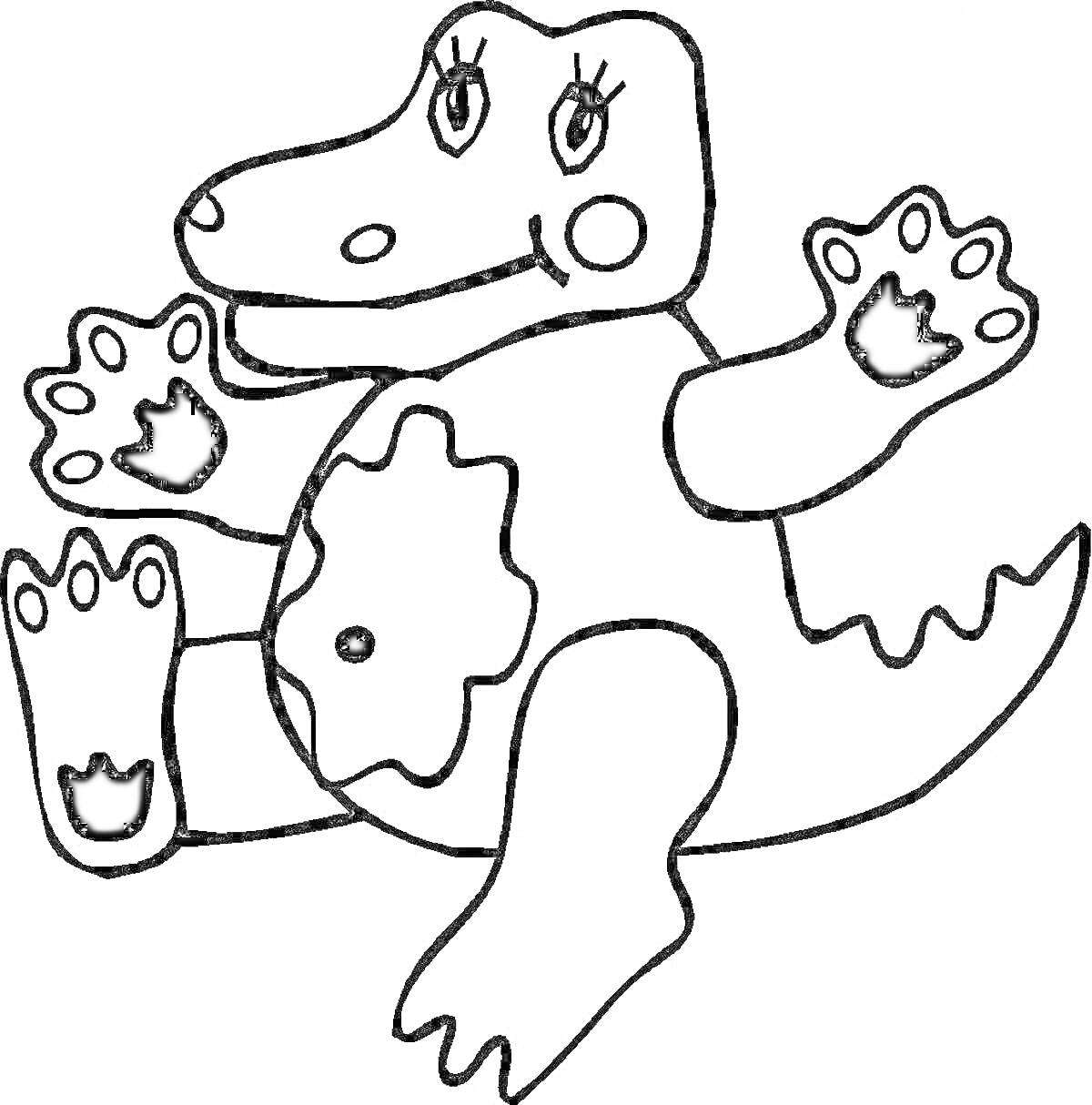 На раскраске изображено: Крокодил, Животные, Для мальчиков, 3 года, Звери, Лапы