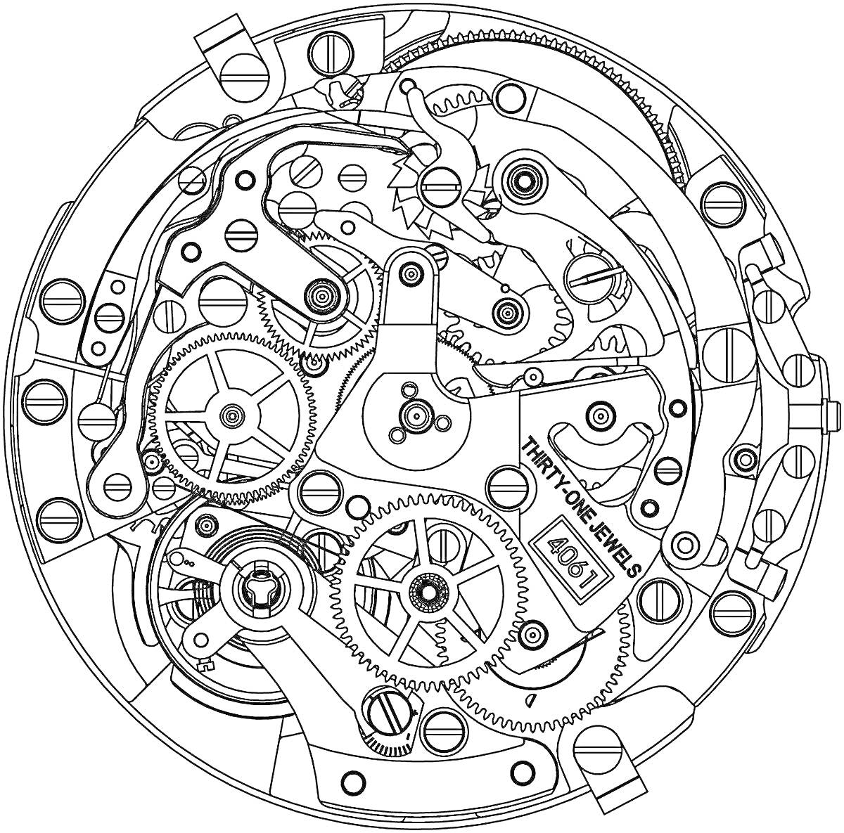 Раскраска Механизм наручных часов с зубчатыми колесами, шестернями и пружинами