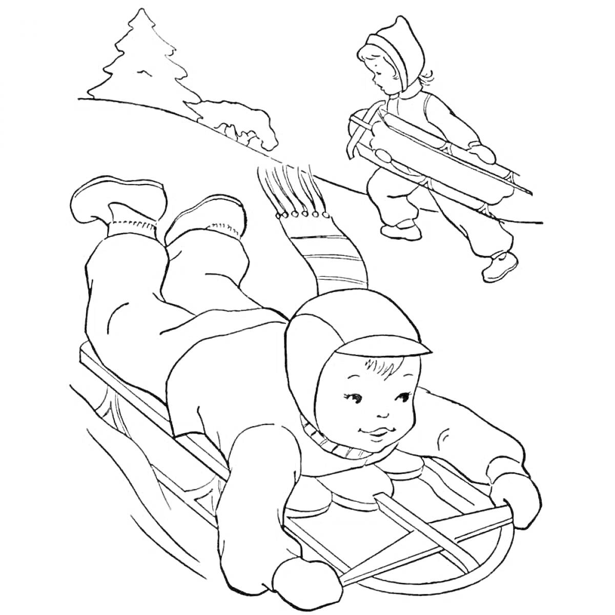 На раскраске изображено: Зима, Снег, Катание