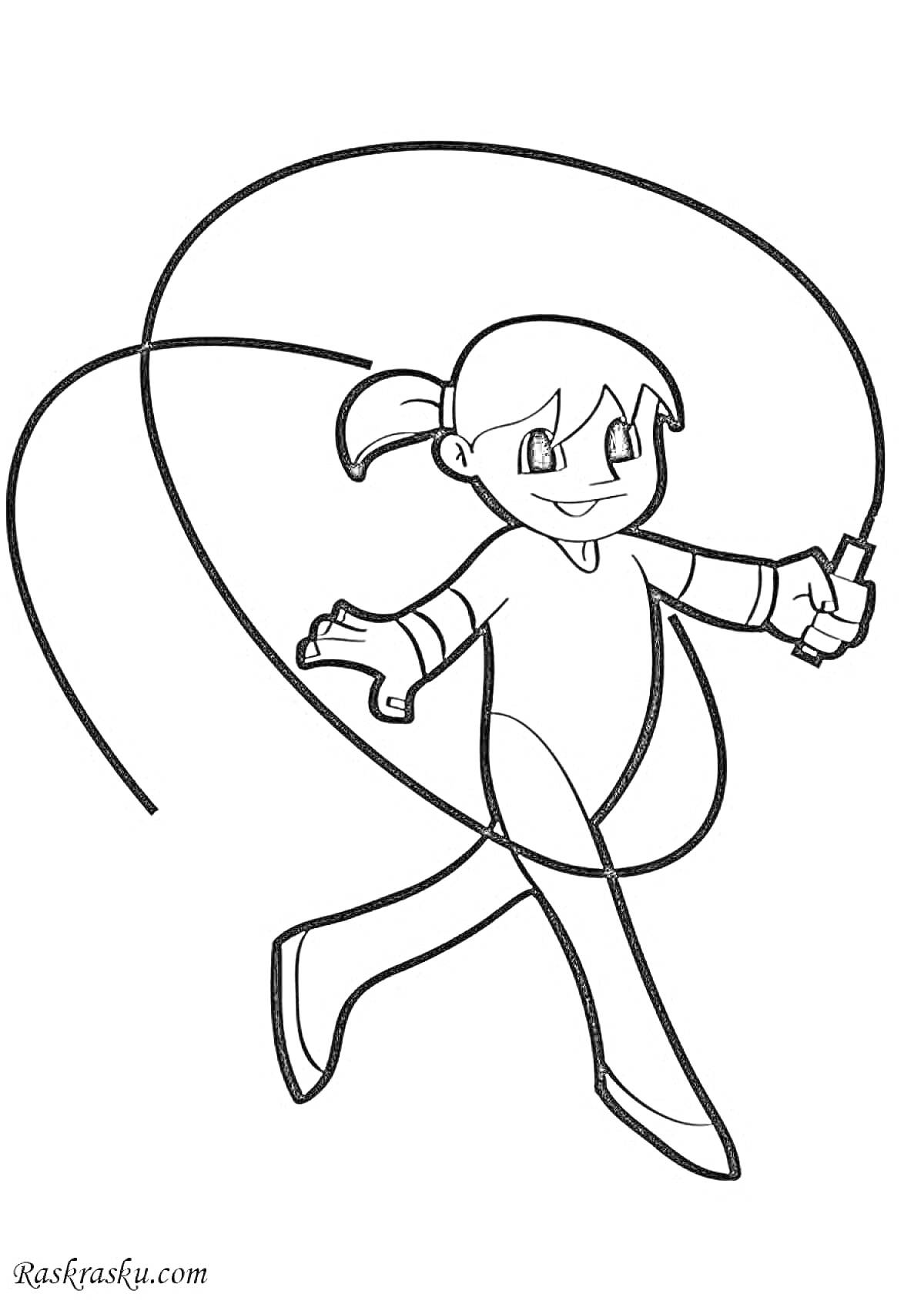 Раскраска Девочка с косичкой, прыгающая через скакалку