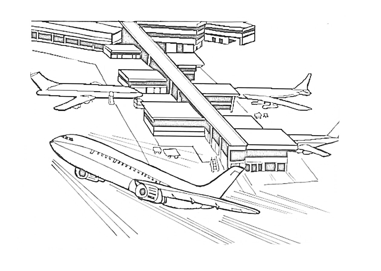 На раскраске изображено: Аэропорт, Авиация, Здание, Самолеты