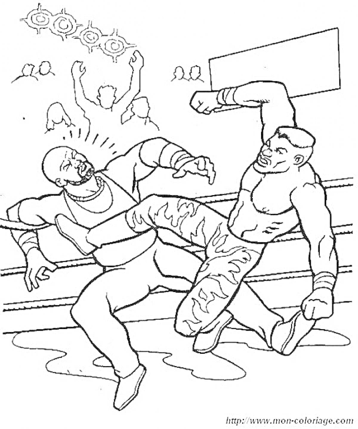 Раскраска Боксер в шортах с узорами наносит удар другому боксеру возле канатов ринга, зрители на заднем фоне