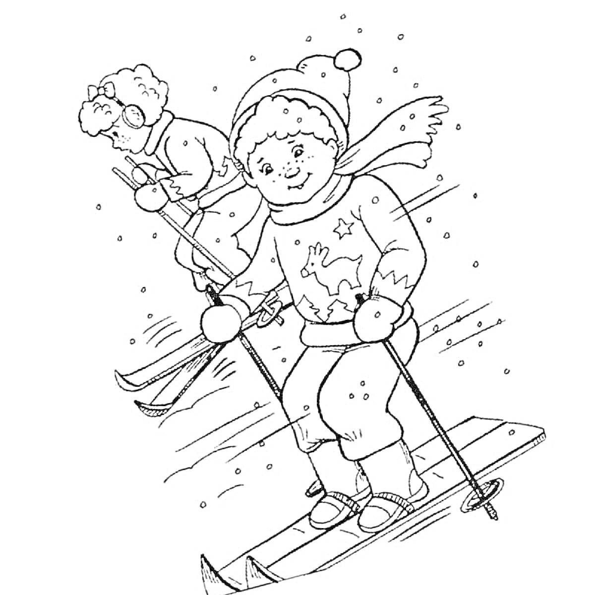 Раскраска Дети, катающиеся на лыжах зимой. Два ребёнка на лыжах, один ребёнок впереди с зимней шапкой и шарфом, второй ребёнок позади в очках и с лыжными палками, снежинки вокруг