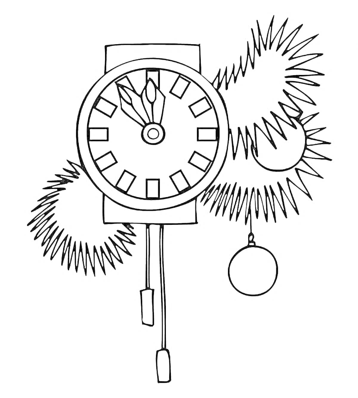 На раскраске изображено: Часы, Куранты, Еловые ветки, Новый год