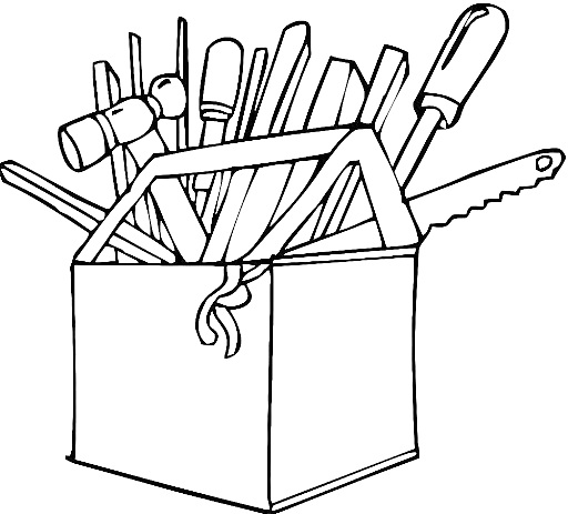 Раскраска Ящик с инструментами, включает молоток, отвертки, гаечные ключи, плоскогубцы, напильники, пила