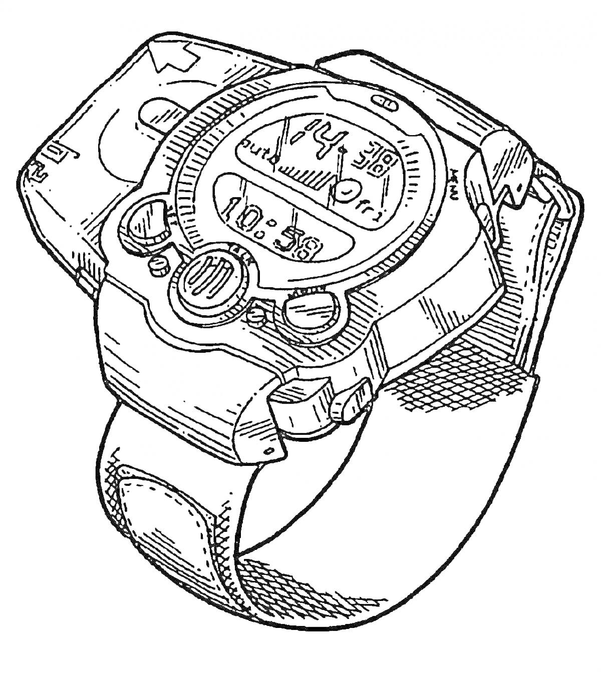На раскраске изображено: Часы, Дисплей, Кнопки, Гаджеты, Ремешки
