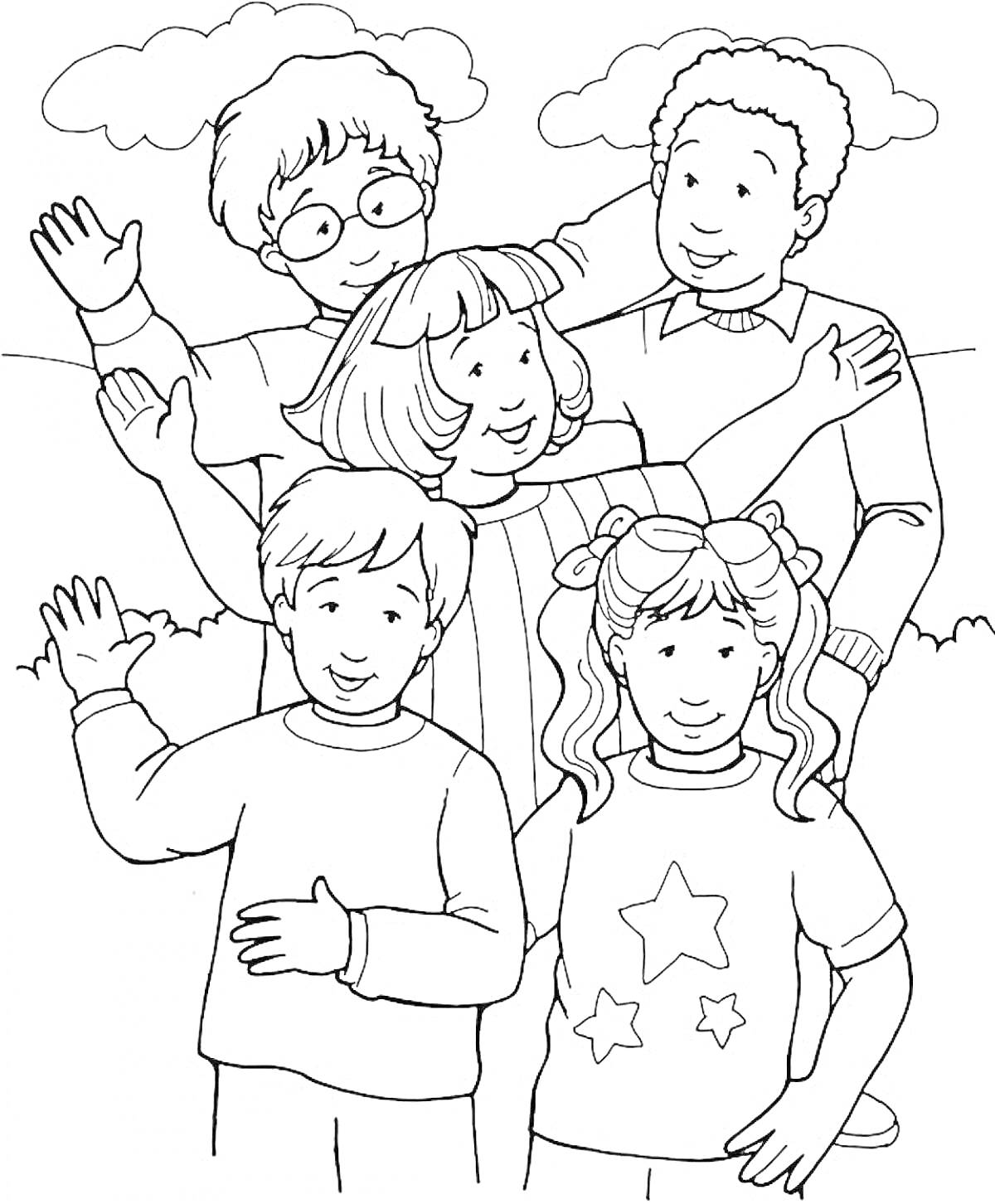 На раскраске изображено: Семья, Отец, Прогулка, Облака, Семейное фото