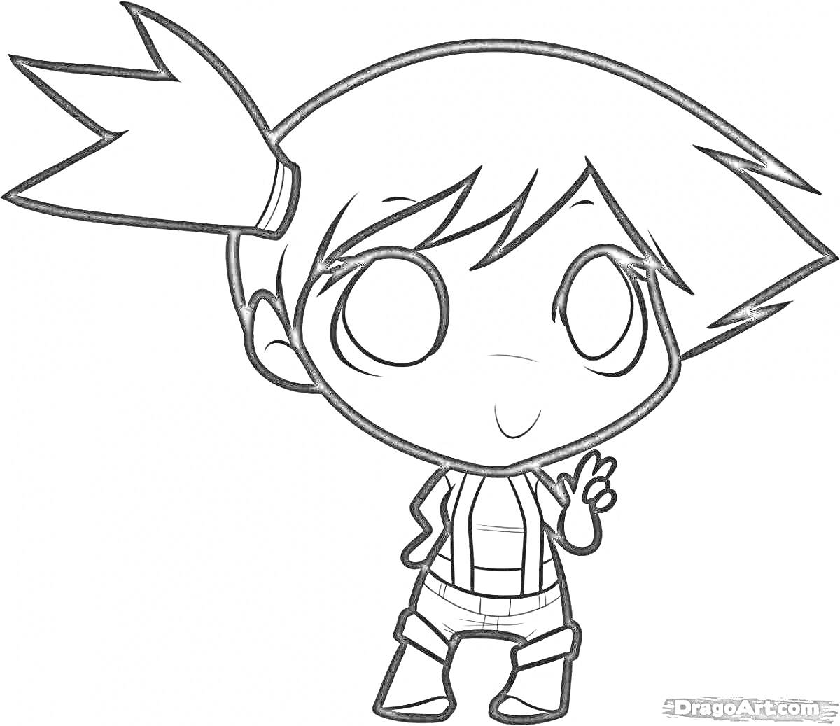 РаскраскаЧиби персонаж с поднятой рукой, хвостиком, короткими волосами и одеждой в спортивном стиле. - 