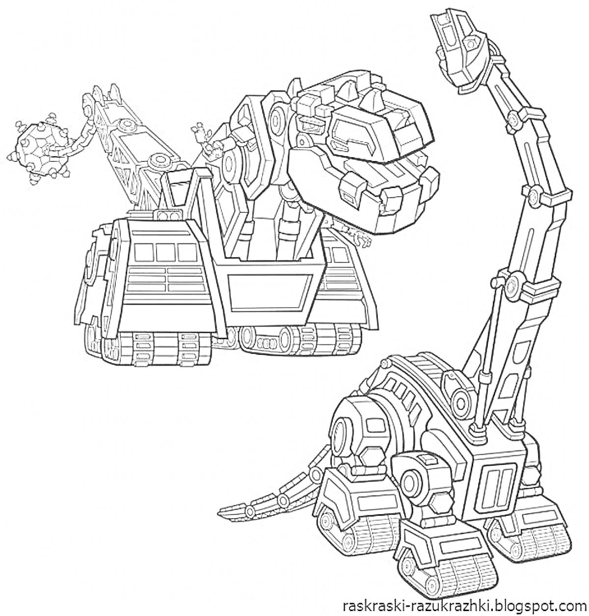 Раскраска Два робота-динозавра с длинными шеями и подвижными элементами на лапах с цепью