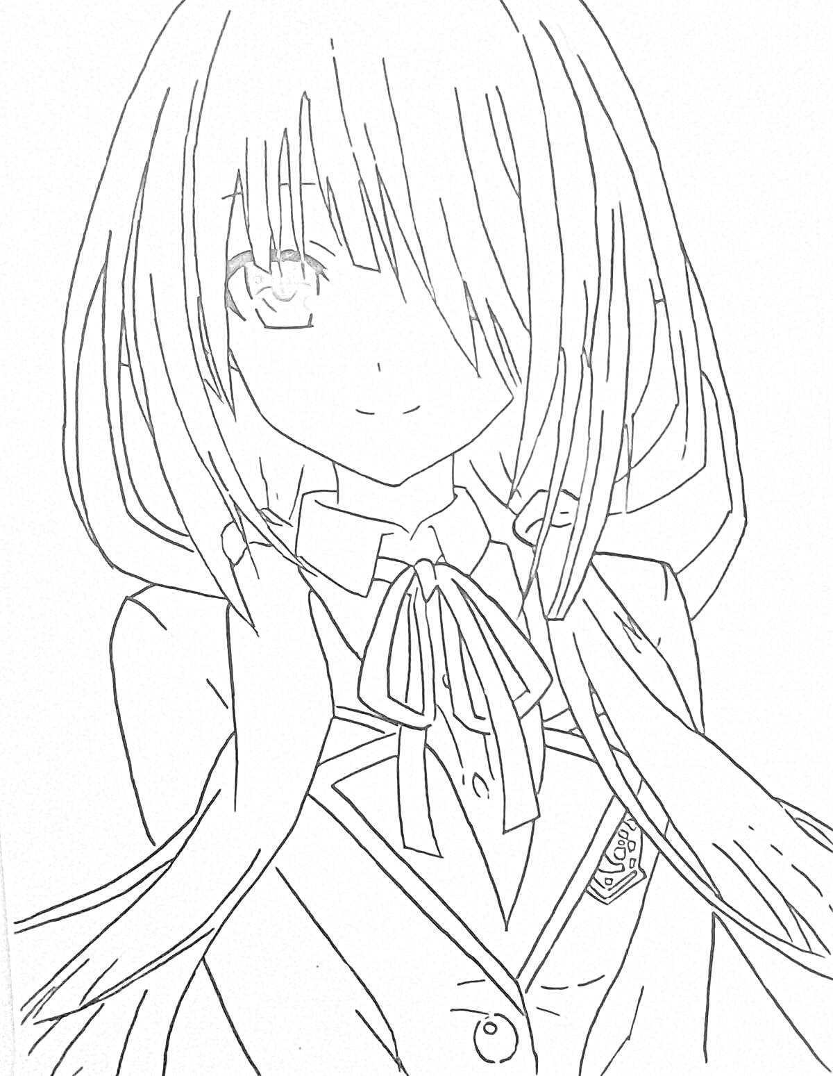 Раскраска Девушка с длинными волосами, в школьной форме с галстуком-бабочкой