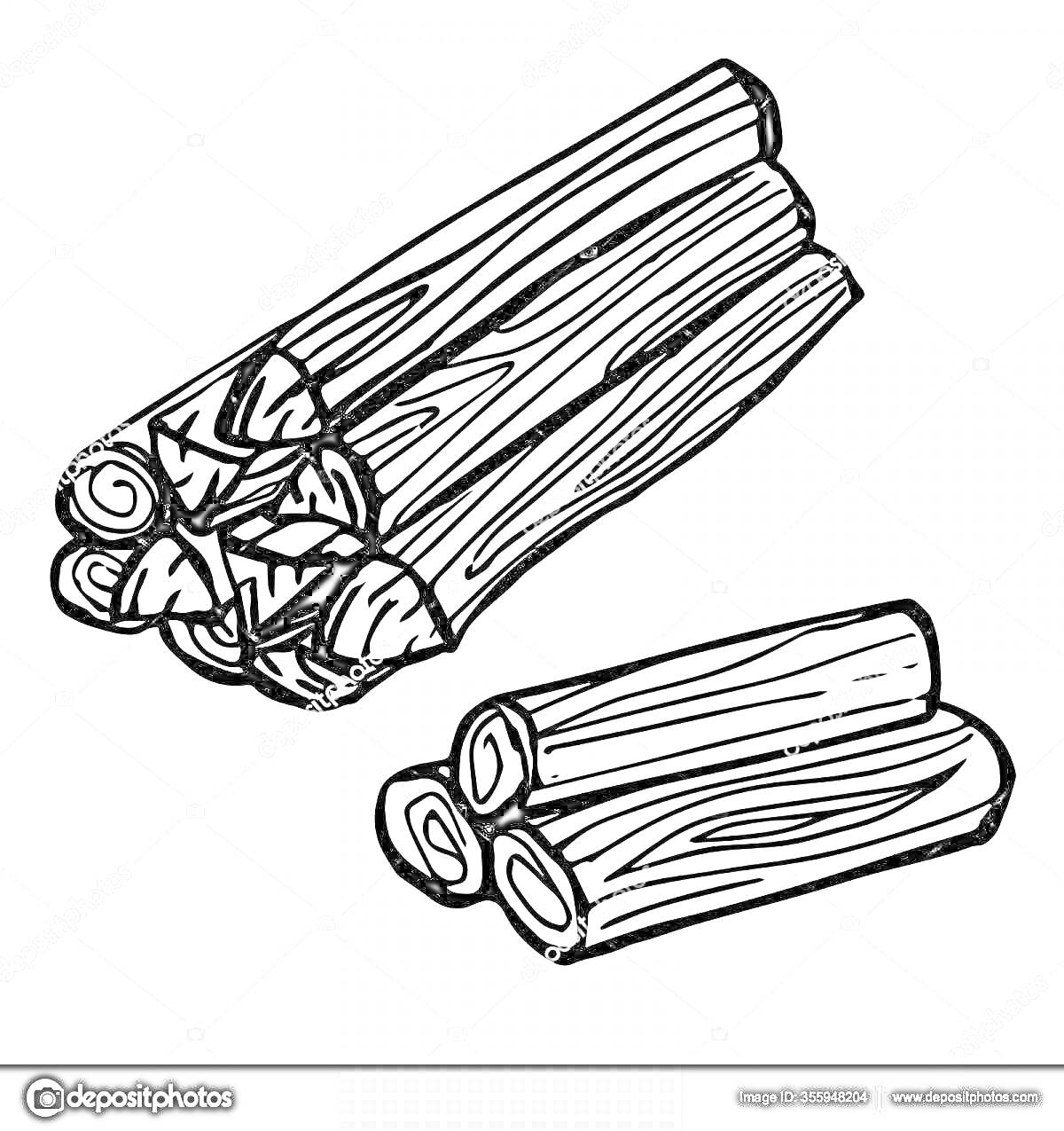 Раскраска с изображением стопки дров и отдельного бревна