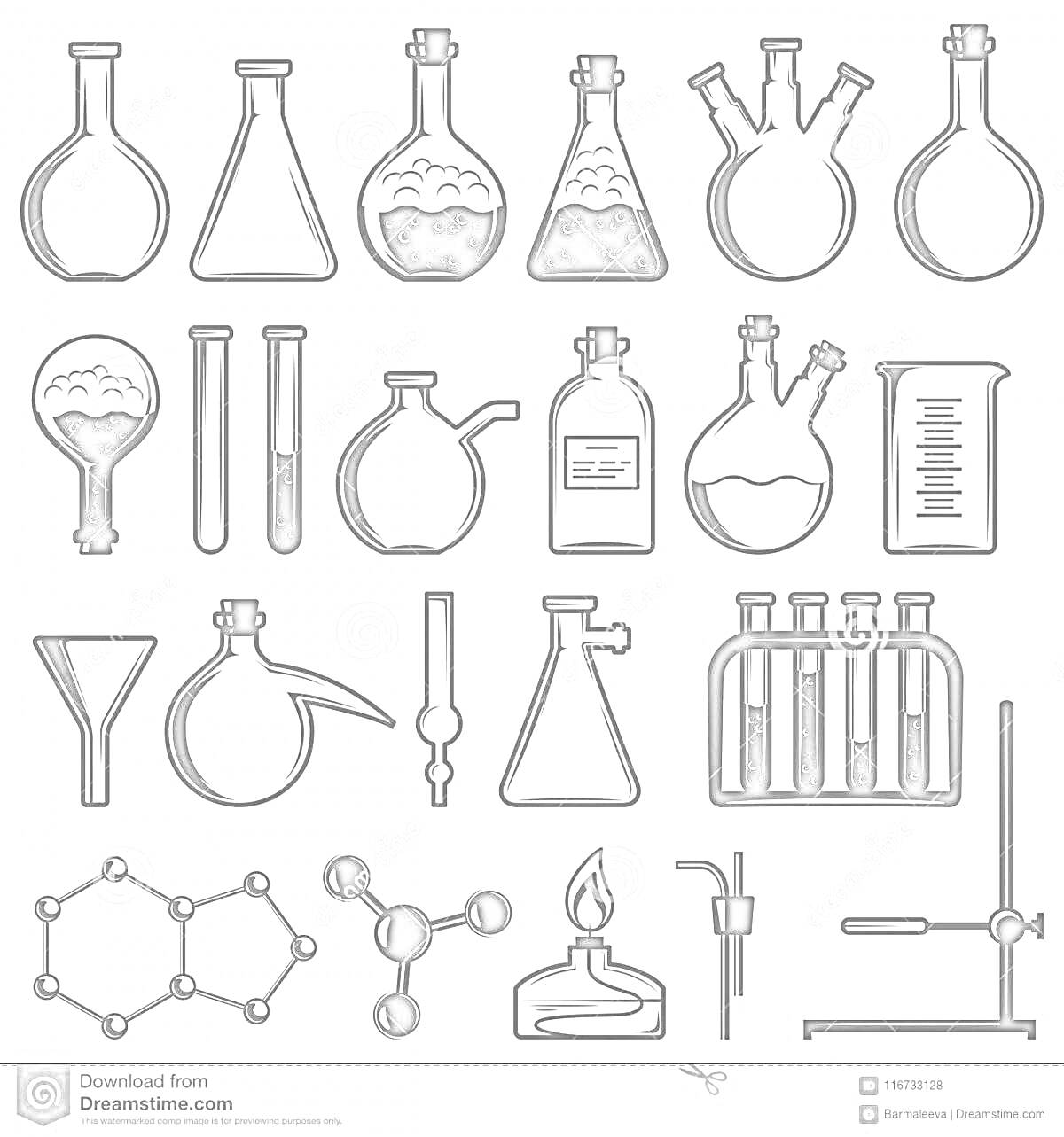 Раскраска Набор химической лаборатории с различными лабораторными принадлежностями: колбы, пробирки, бюретка, штатив, соединительные трубки, элементные структуры, вращающийся соединитель и горелка.