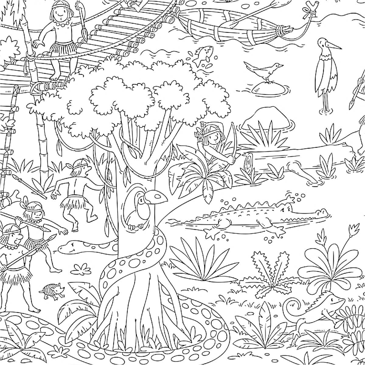 Раскраска Люди на мостике и на земле, лазающие по деревьям, змеи, крокодил в воде, тукан на дереве, птицы на фоне, маленькие животные среди травы