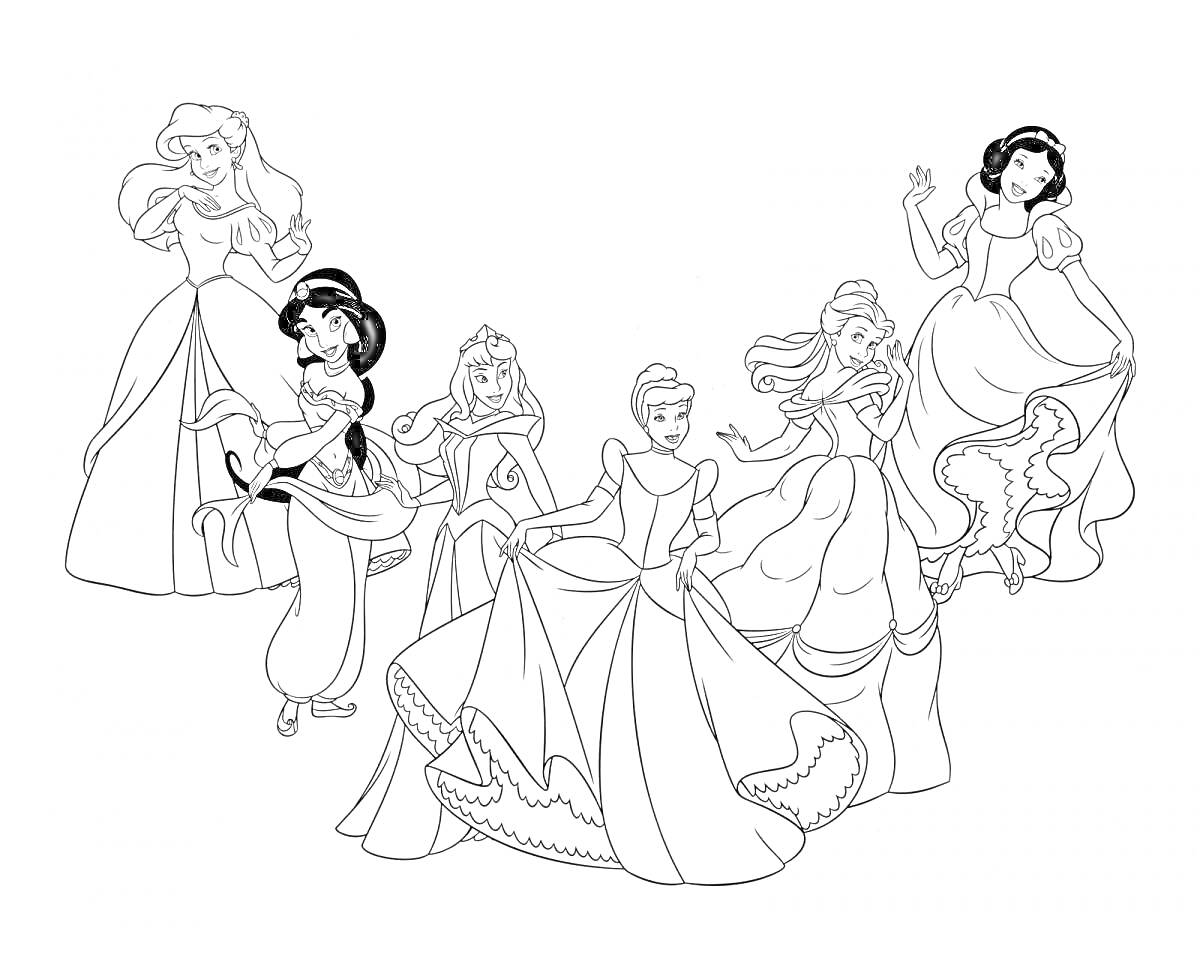 Раскраска Принцессы Дисней, шесть принцесс в бальных платьях - Аврора, Жасмин, Рапунцель, Золушка, Ариэль, Белоснежка на фоне