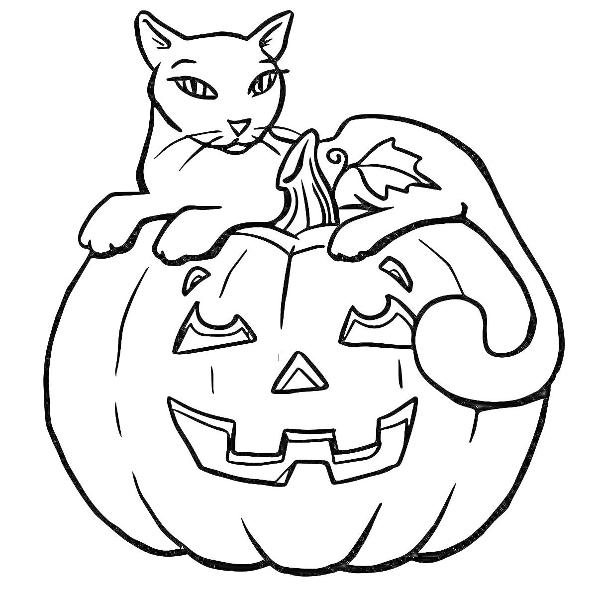 Раскраска Кот лежит на вырезанной хэллоуинской тыкве