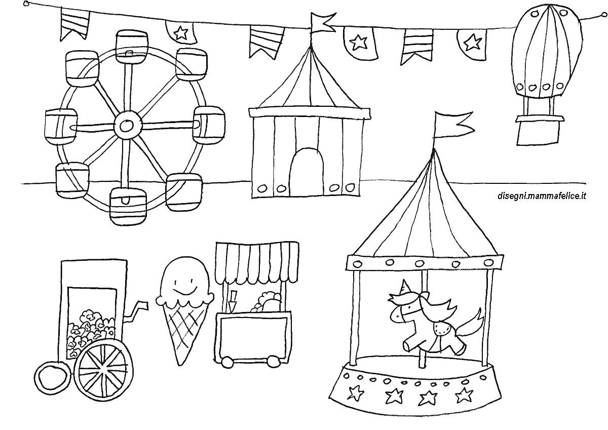 Раскраска Парк аттракционов с колёсом обозрения, цирковыми палатками, воздушным шаром, мороженым, попкорном и каруселью