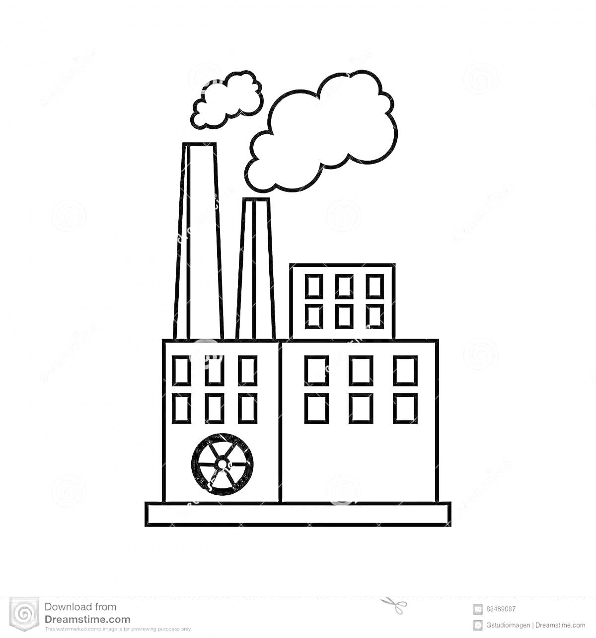 Раскраска Завод с двумя дымящими трубами, зданиями с окнами и большим колесом