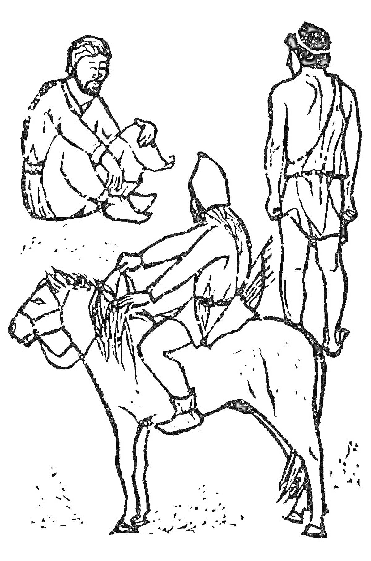 Заключенный, сидящий на земле, мужчина на лошади и человек, стоящий спиной.