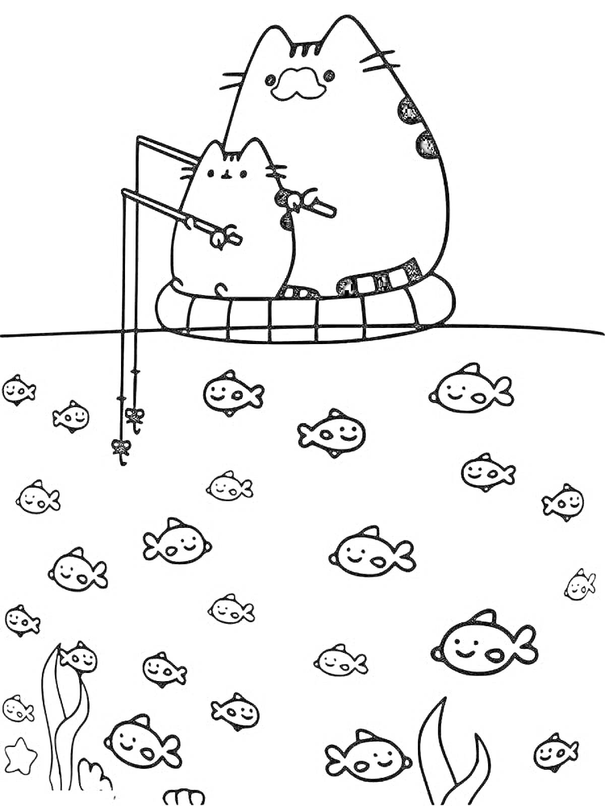 Раскраска Пушин и котенок рыбачат в океане, множество улыбающихся рыб, водоросли под водой
