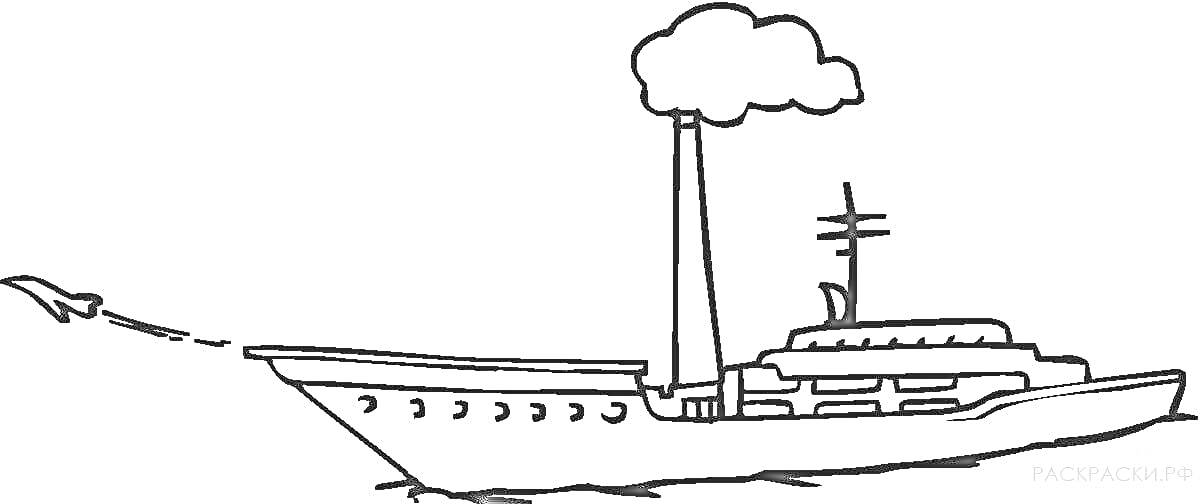 На раскраске изображено: Буксир, Корабль, Море, Дым, Труба, Волны, Контурные рисунки