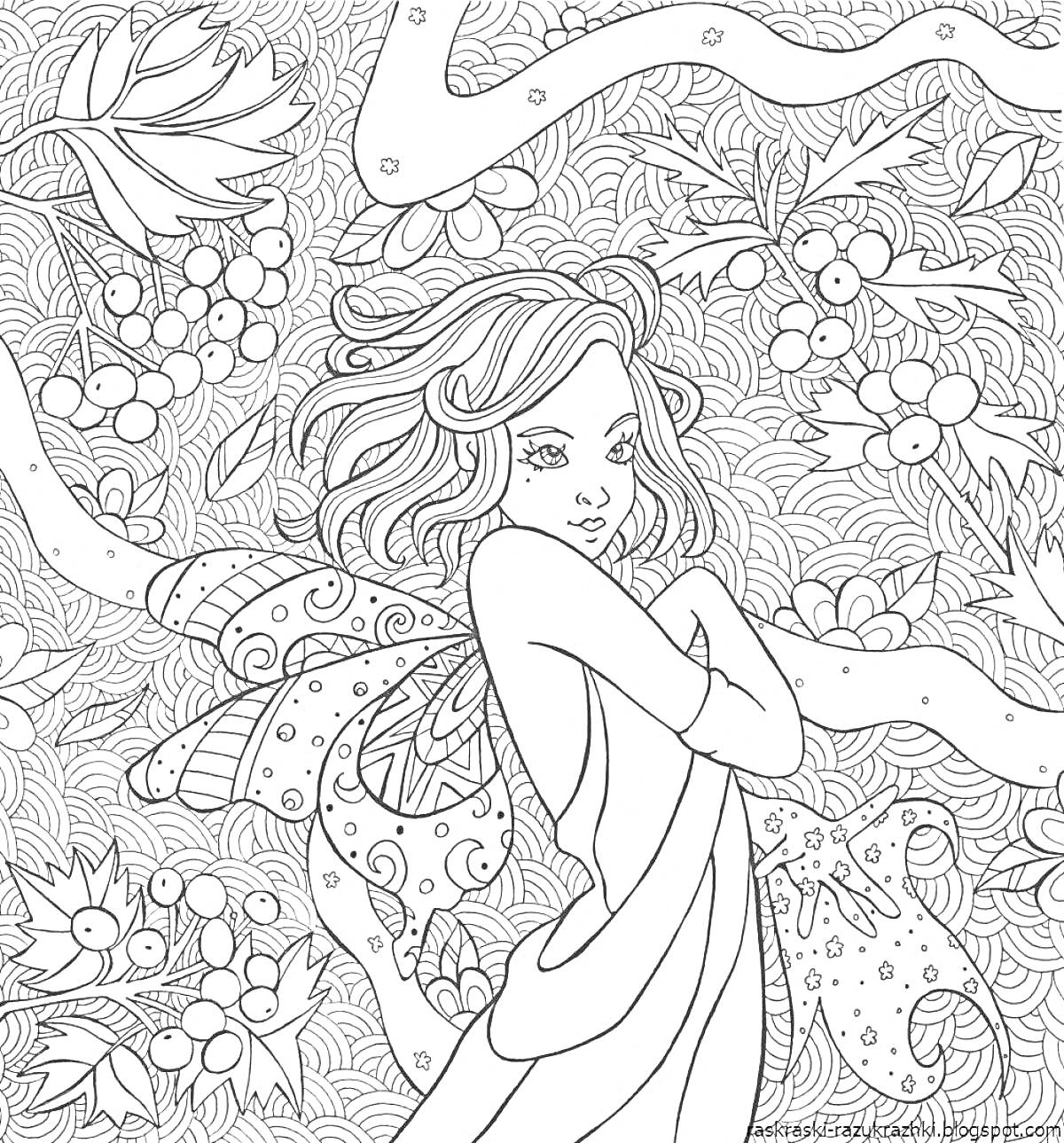 На раскраске изображено: Фея, Цветы, Листья, Природа, Бабочка, Девочка, 12 лет, Сложные узоры