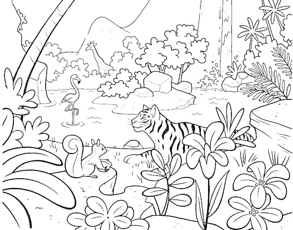 На раскраске изображено: Природа, Животные, Тигр, Белка, Фламинго, Лес, Деревья, Кусты, Цветы
