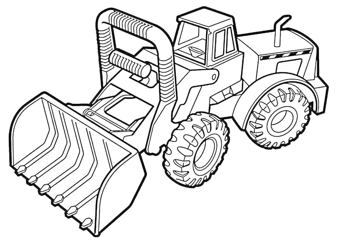 Раскраска Экскаватор с большой ковшевой лопатой и крупными колесами