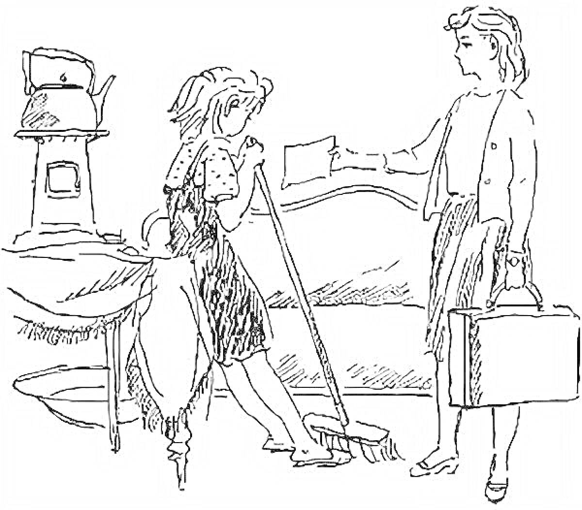 Раскраска Девочка с метлой, получающая письмо от женщины с чемоданом, на фоне колонки с ведром и лавки