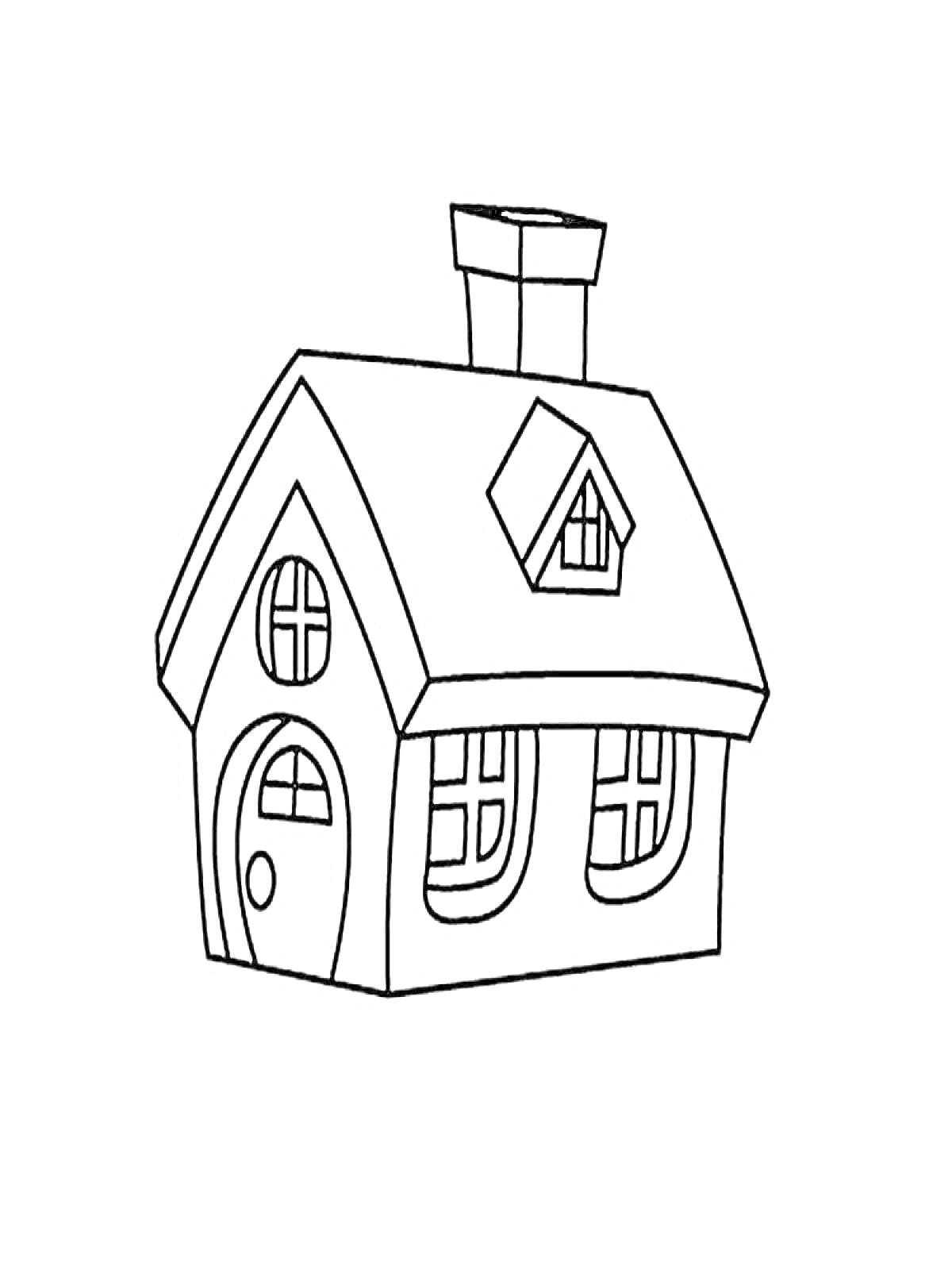 Раскраска Домик с крышей, дверью, окнами и дымоходом