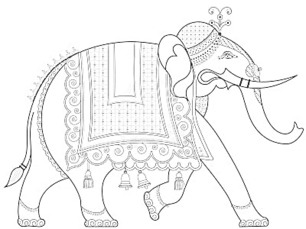 На раскраске изображено: Слон, Индийский слон, Узоры, Накидка, Венок, Украшения