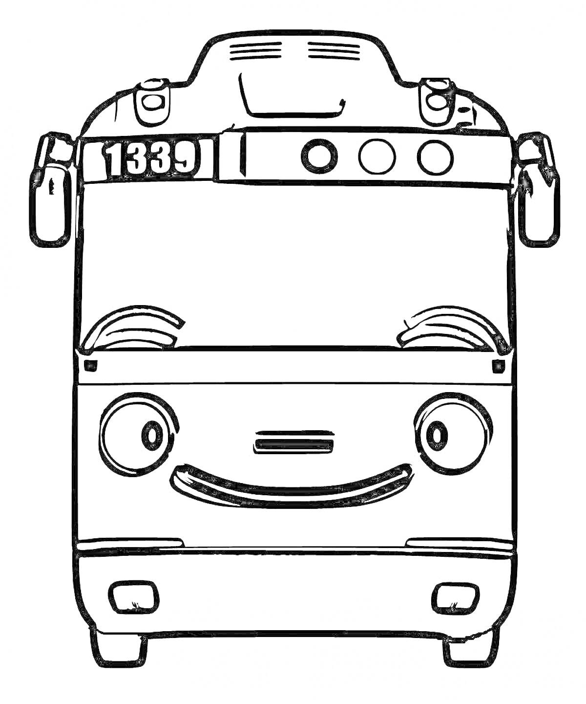 Раскраска Тайо автобус с номером 1339, глаза, нос и улыбающийся рот