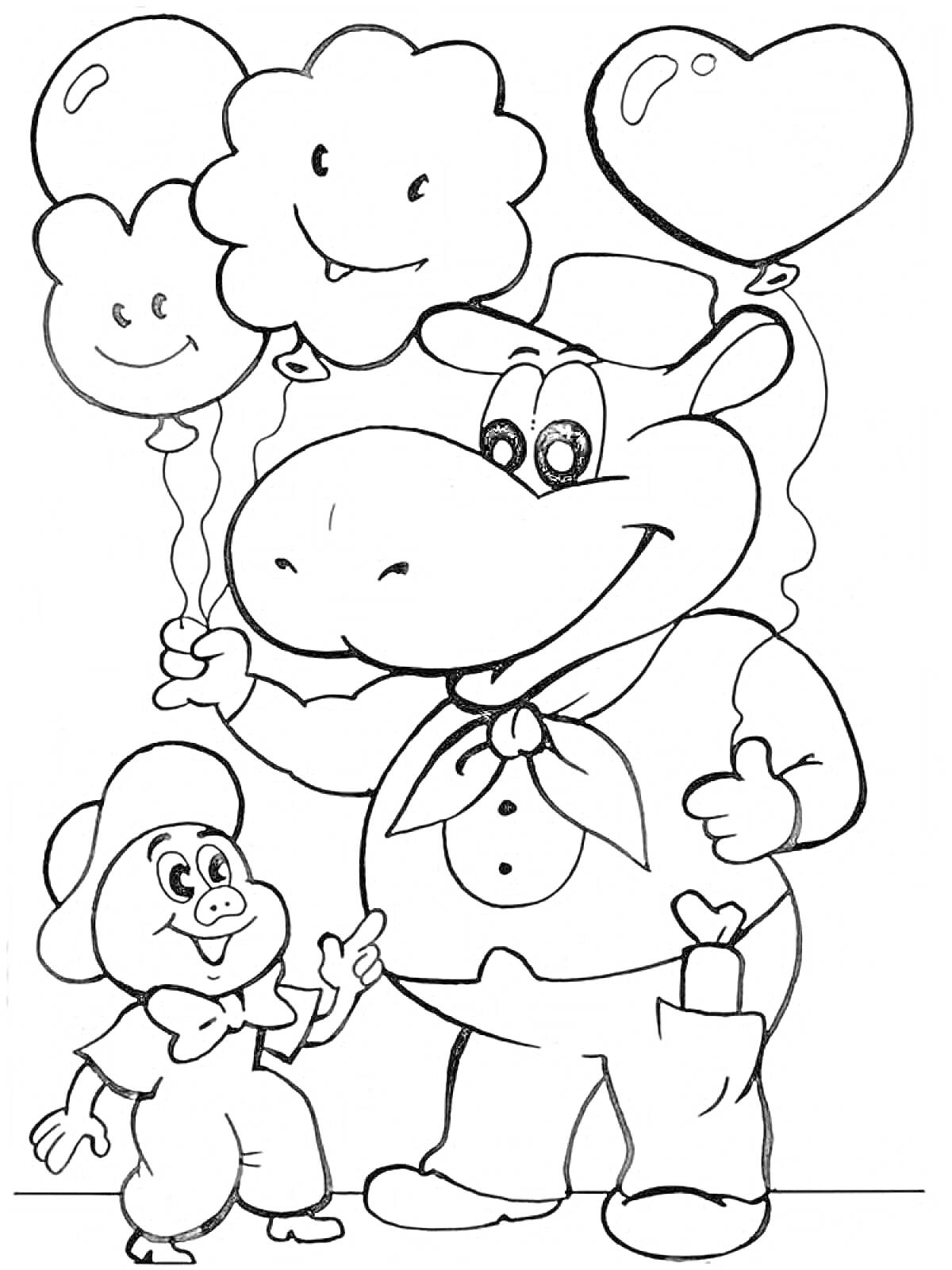 Раскраска Бегемот и мальчик с воздушными шарами