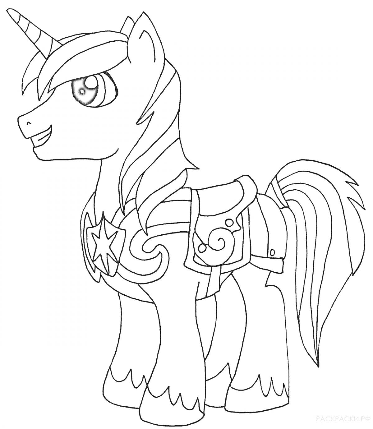 На раскраске изображено: Доспехи, Грива, Хвост, Пони