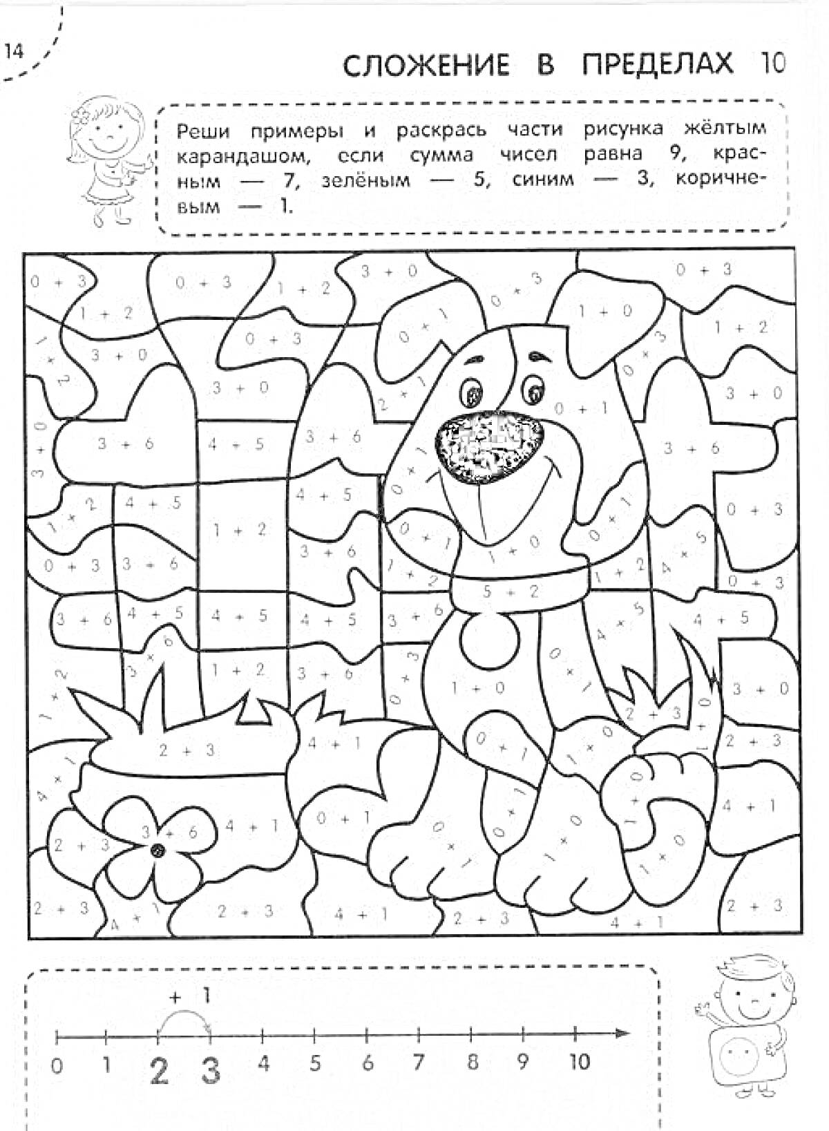 Раскраска с собакой и котенком, тема - состав чисел до 10