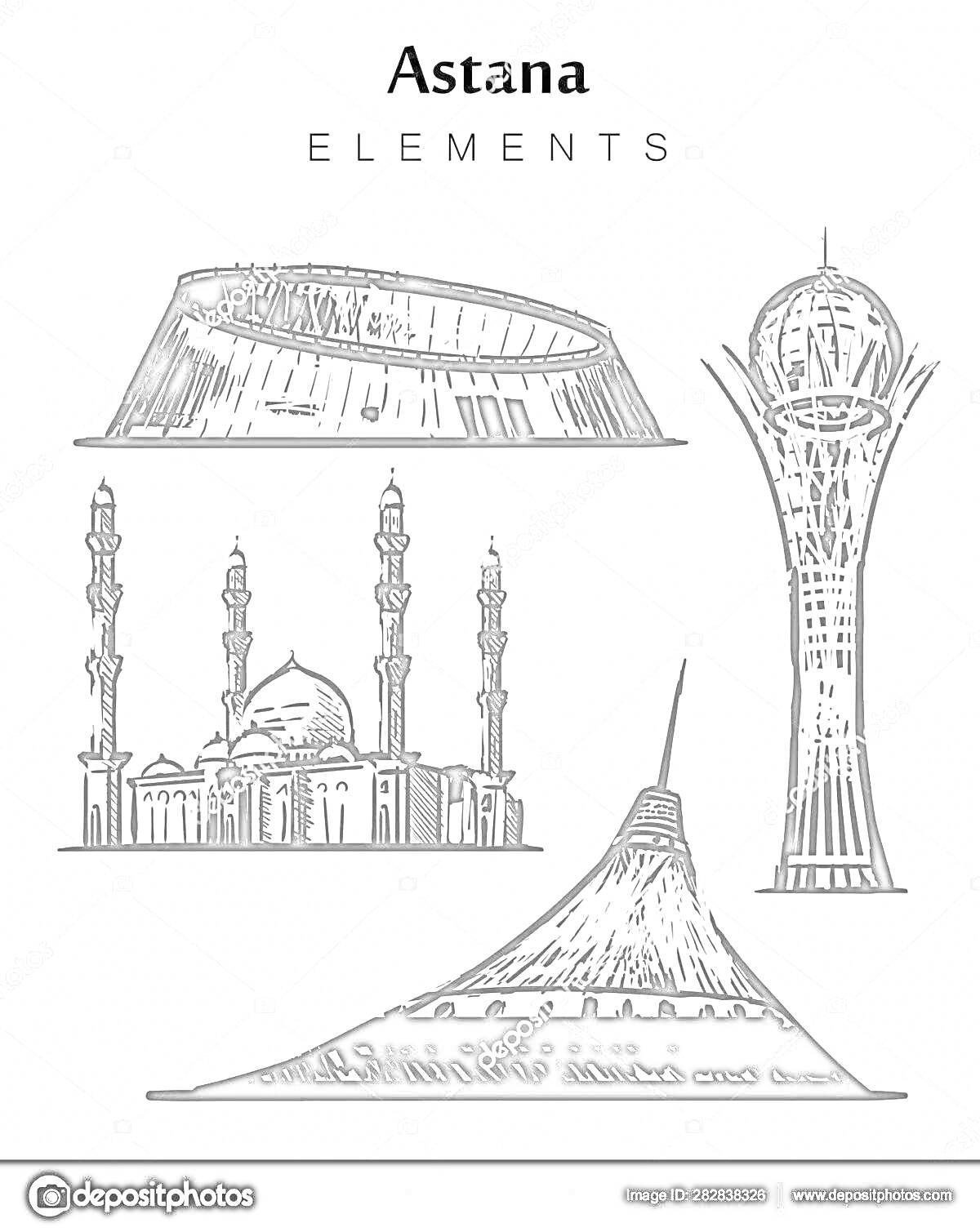 Раскраска Элементы архитектуры Астаны: здание с панорамной крышей, высотная башня, мечеть с минаретами, здание с куполом