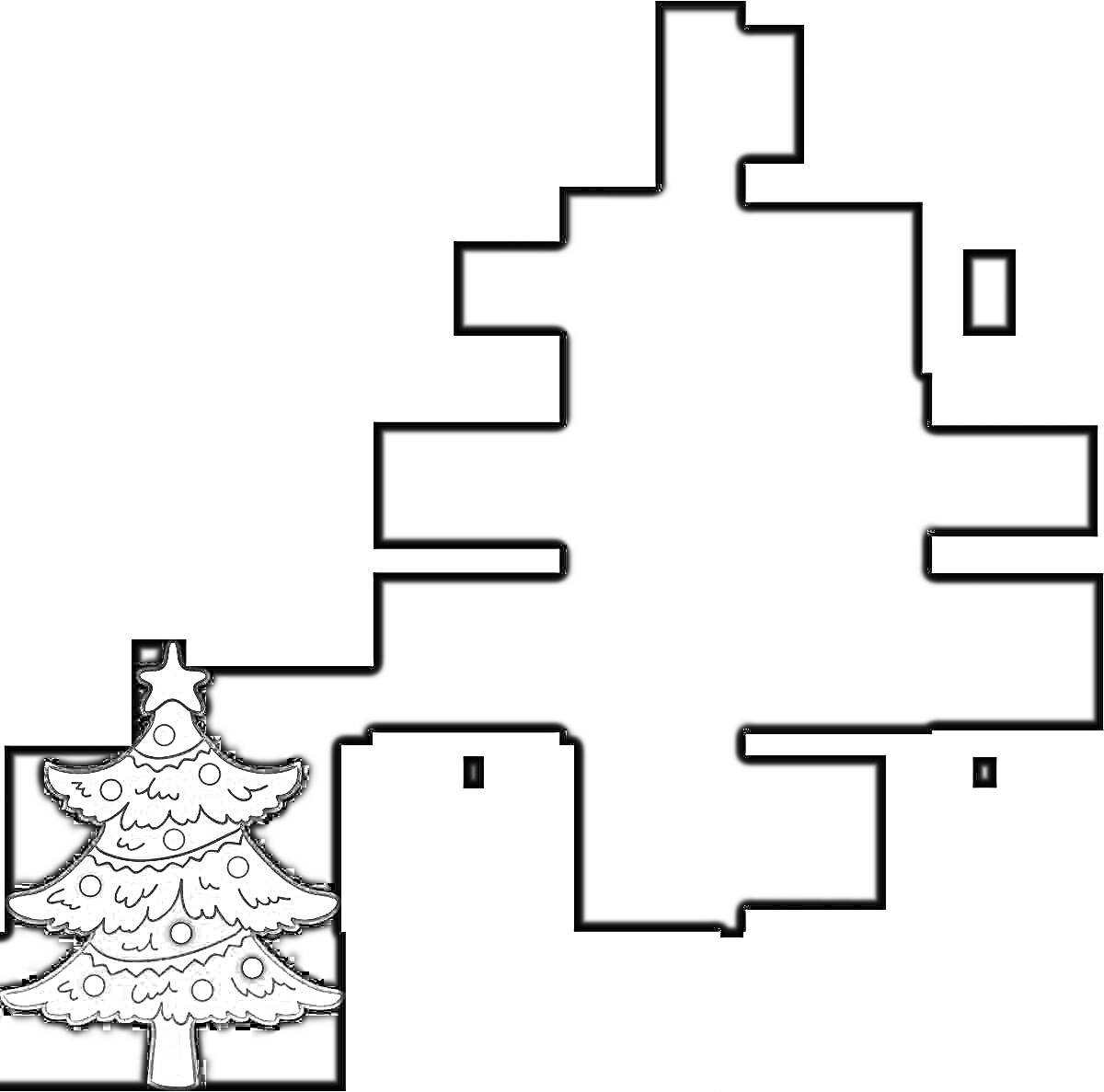 На раскраске изображено: Новогодняя елка, Новогодние украшения, Рождество, Творчество
