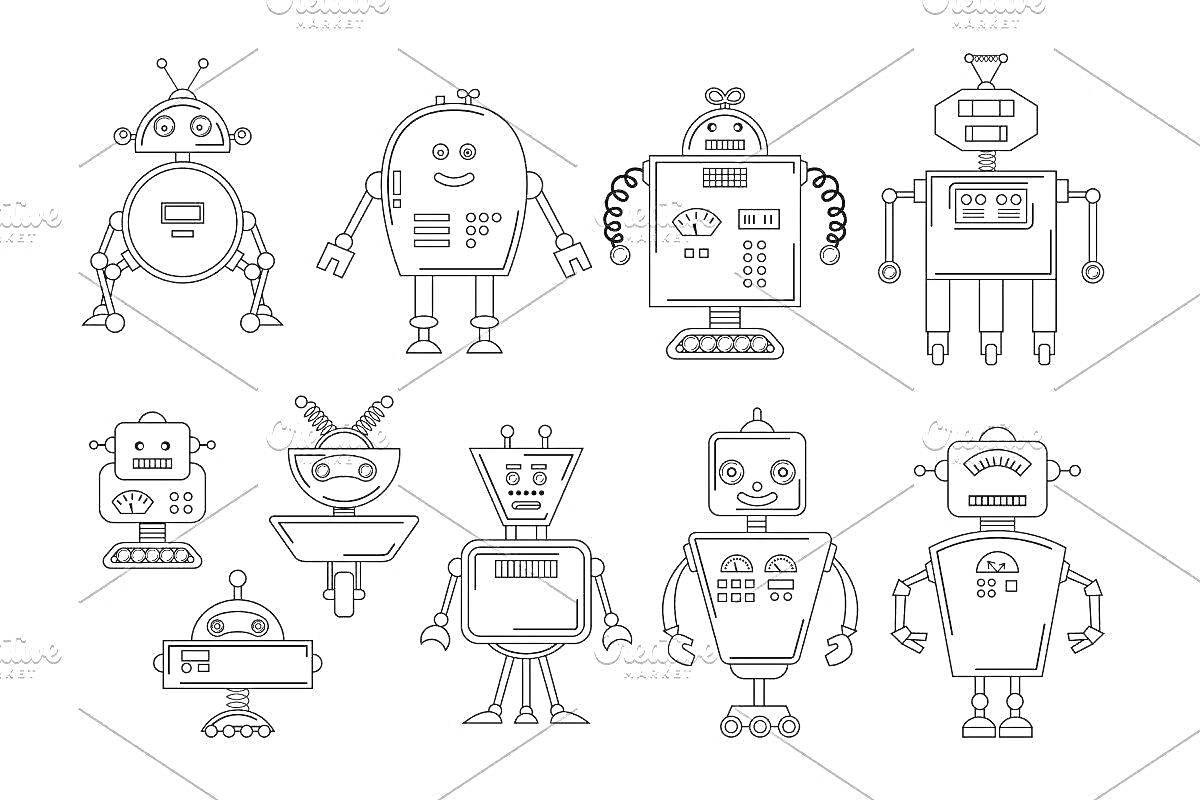 Раскраска Роботы из бумаги - разнообразные роботы с антеннами, руками-клешнями, колесами, экранами и кнопками