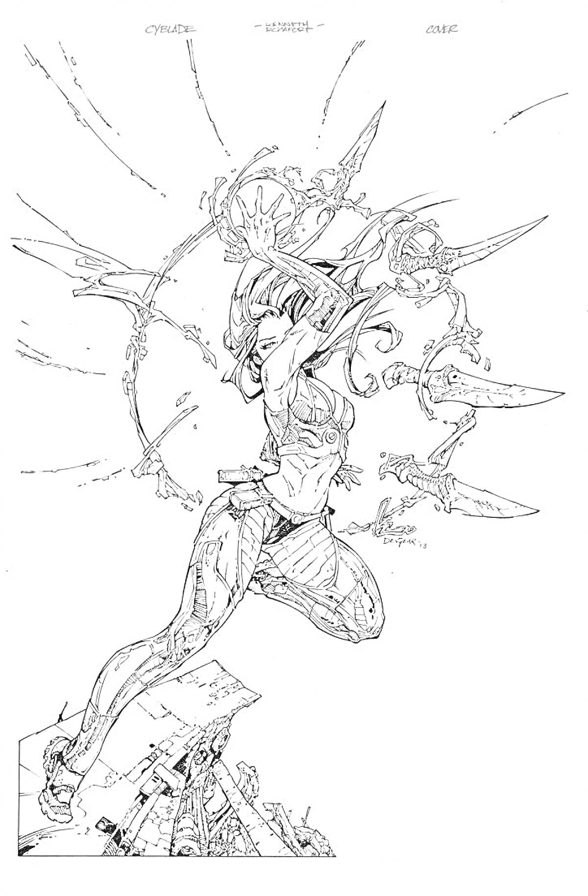 Раскраска Человек-воин с щитом, мечом и элементами механических крыльев
