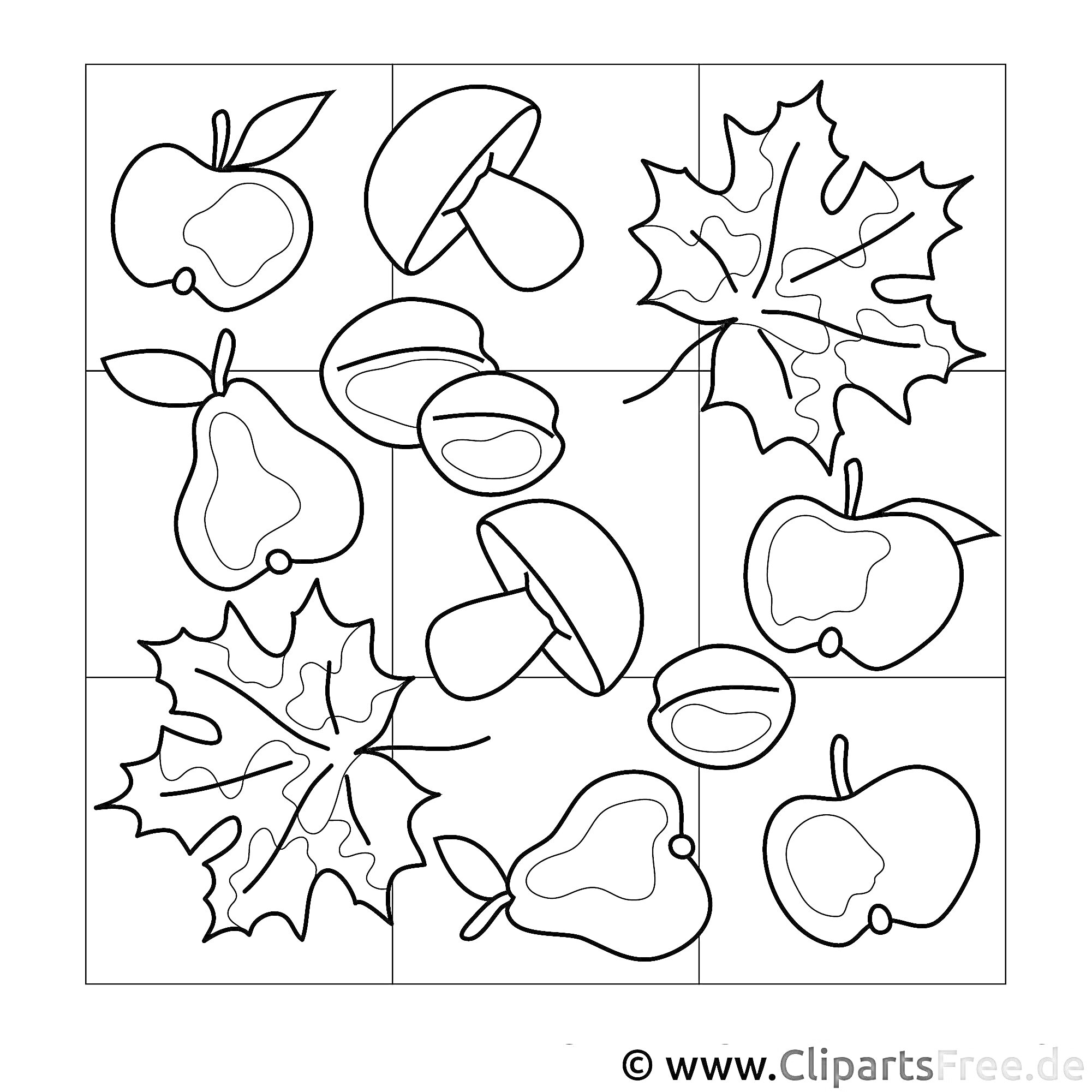 На раскраске изображено: Осень, Яблоко, Клен, Орех, Крупные рисунки, 6-7 лет