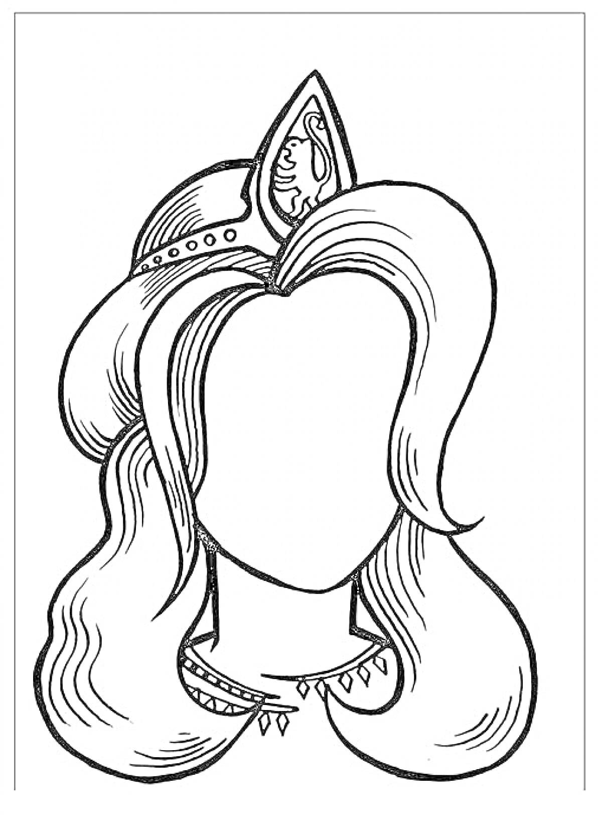 На раскраске изображено: Мама, Длинные волосы, Корона, Украшения, Контурные рисунки, Портреты