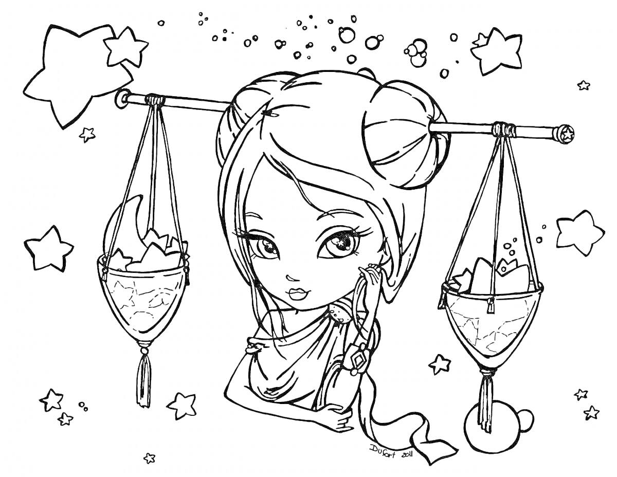 Раскраска Девочка с косичками, балансирующая с двумя ведрами, звезды на фоне