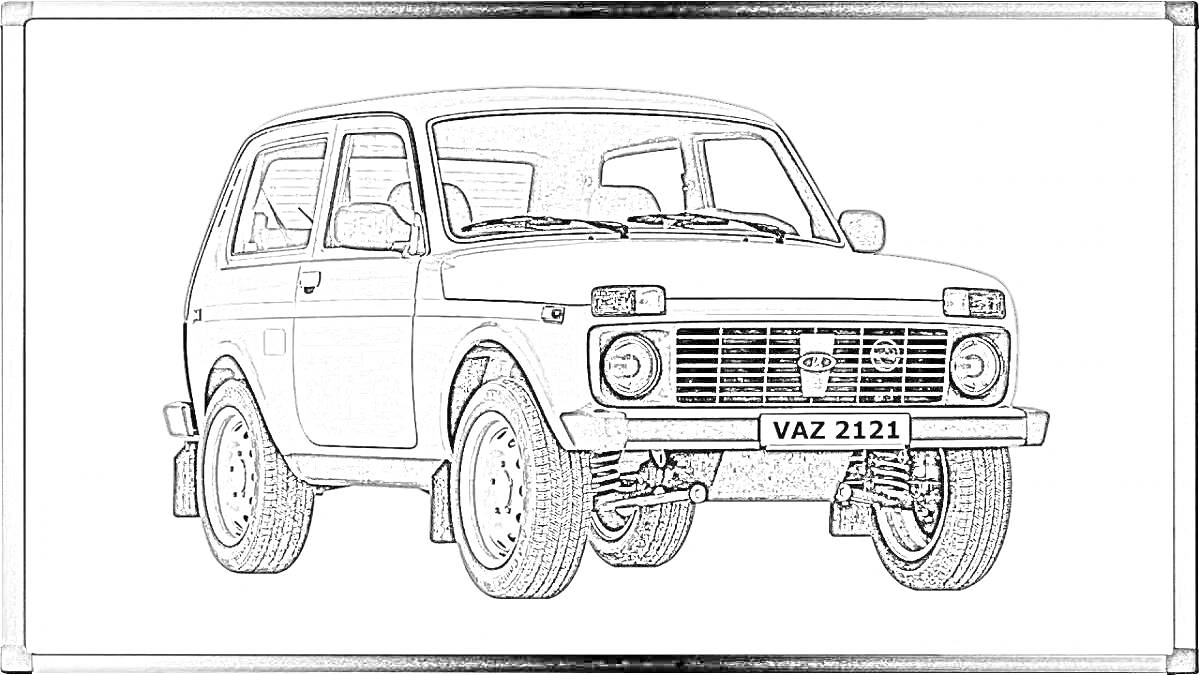 Раскраска Легковой автомобиль ВАЗ 2121 Нива с деталями кузова, колесами и номерным знаком