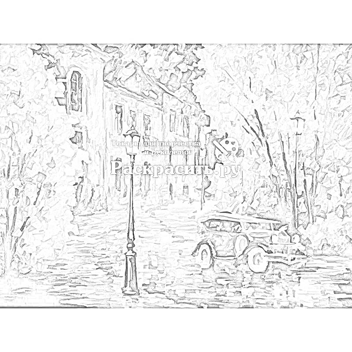 На раскраске изображено: Городской пейзаж, Ретро автомобиль, Дождь, Фонари, Деревья, Винтаж, Авто, Улицы