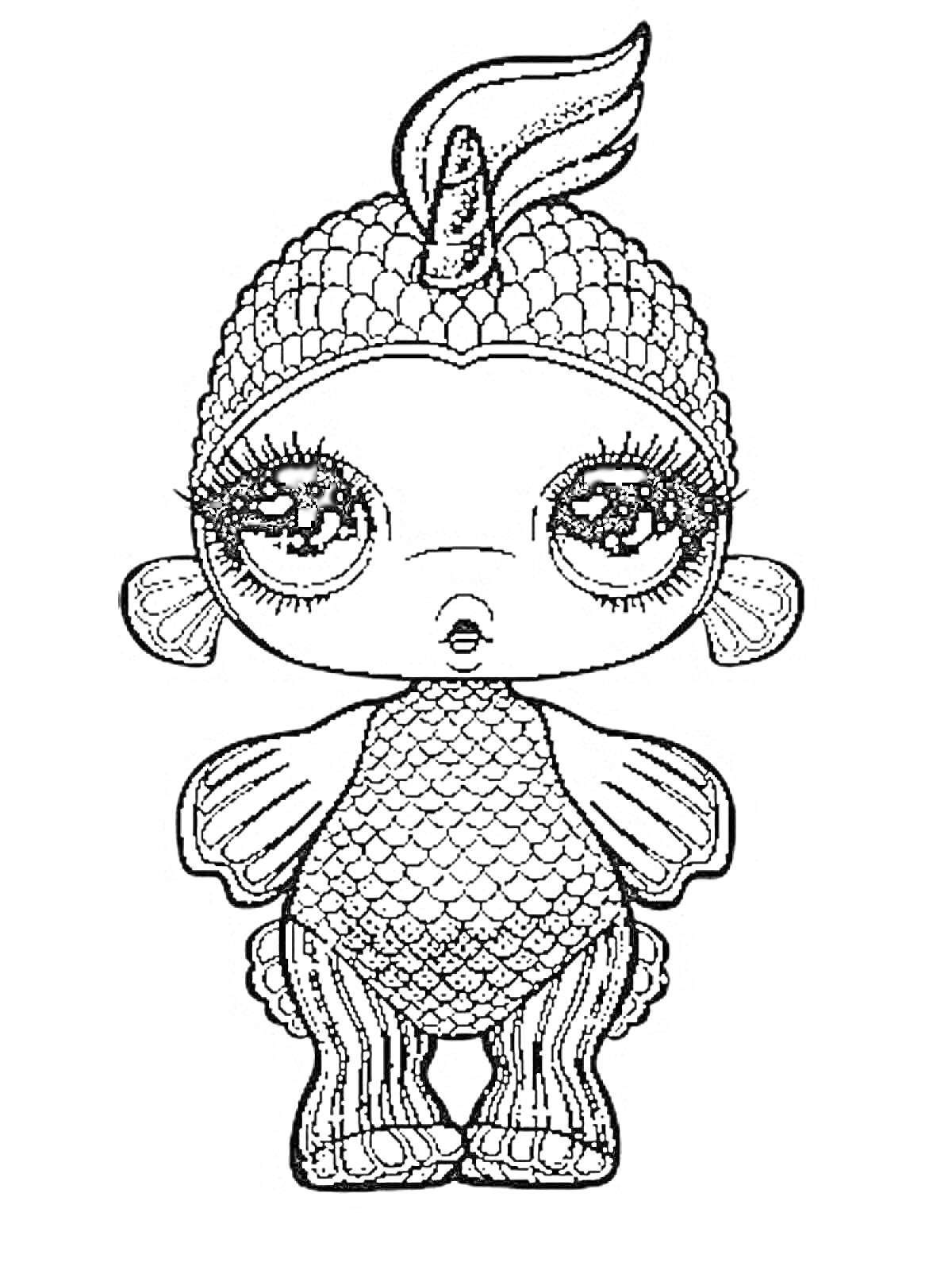 Раскраска Пупси Единорог в костюме русалки с чешуйчатым узором, рогом и плавниками